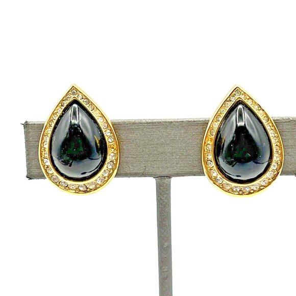 Vintage CHRISTIAN DIOR Pave Crystal Black Cabochon Clip On Earrings Gold Tone - Picture 1 of 9